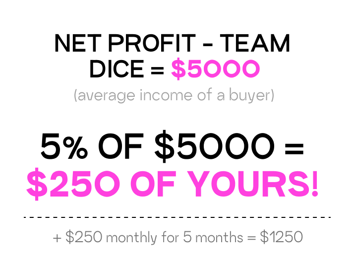 Net profit - team dice = $5000 (average income of a buyer). 5% of $5000 = $250 of yours! + $250 monthly for 5 months = $1250